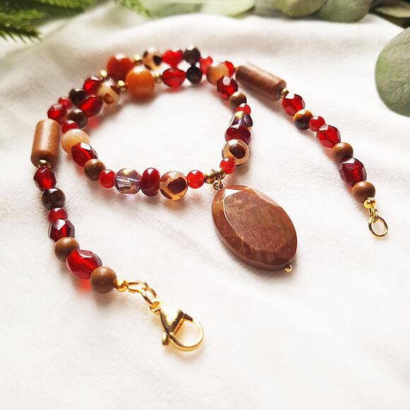 Brown Jasper & Red Jade Beaded Pendant Necklace - 24k Gold Plated Stainless - Picture 15 of 16